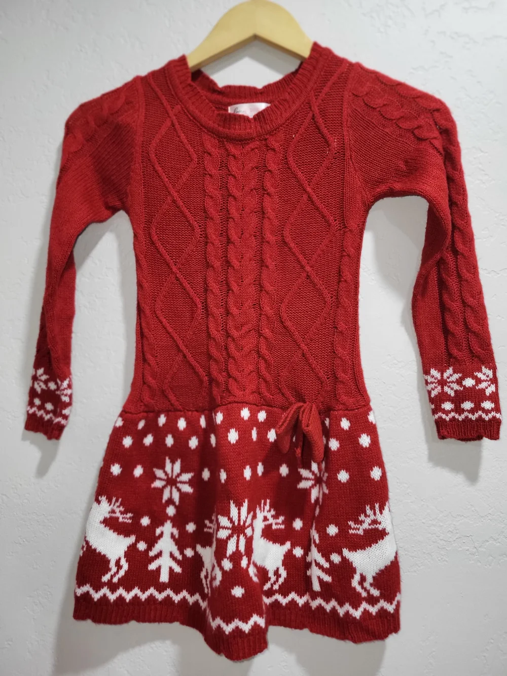 Girls Red Cable-Knit Reindeer Sweater Dress
